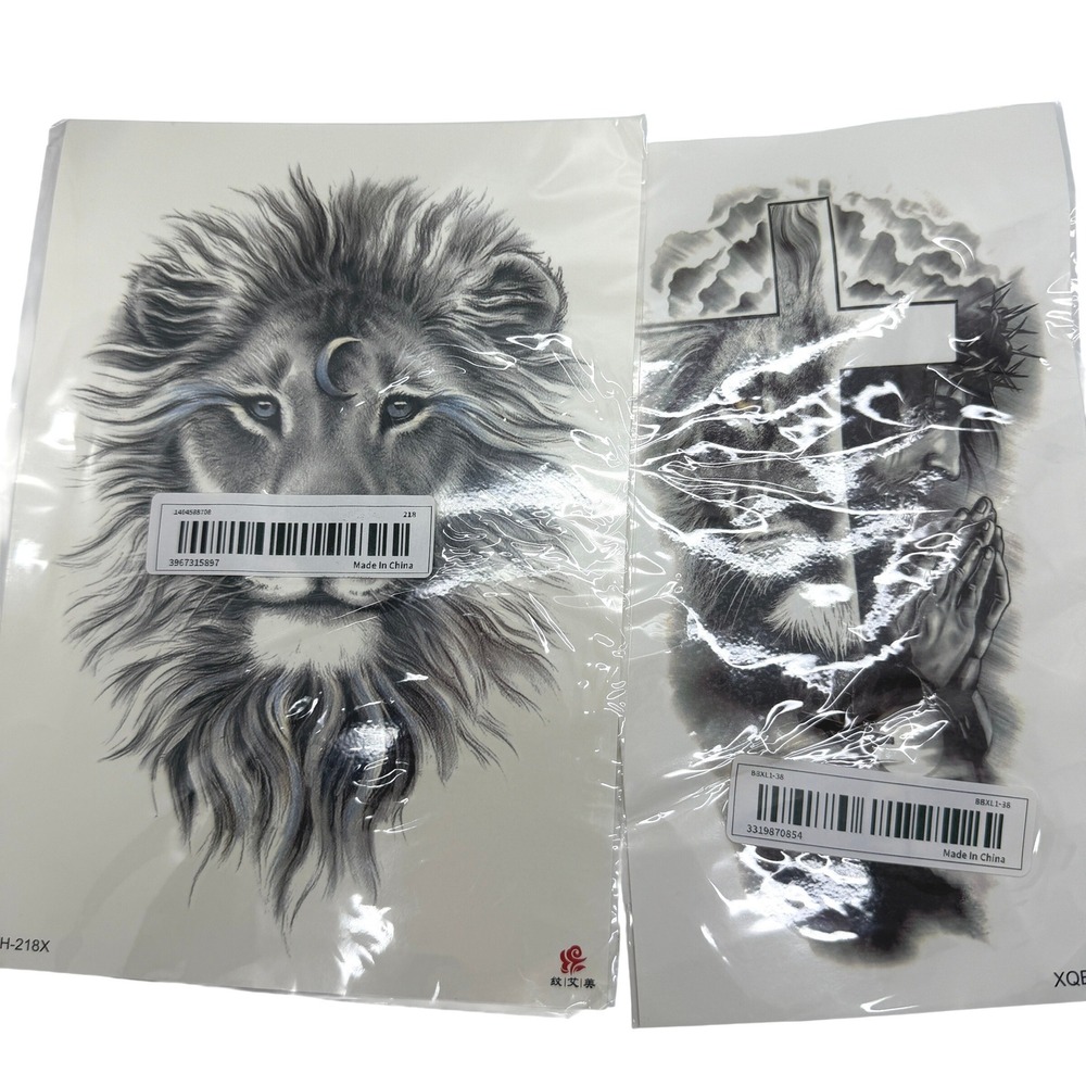 Generic Temporary Tattoo Stickers 3 Pack Lion Jesus Cross Black Gray NEW - Picture 2 of 7